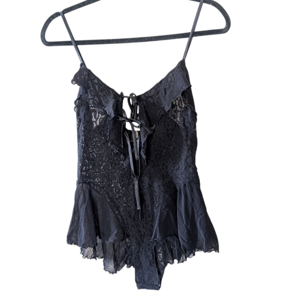Vintage Victoria's Secret Bodysuit Nightie Romper Medium Black Lace Sheer